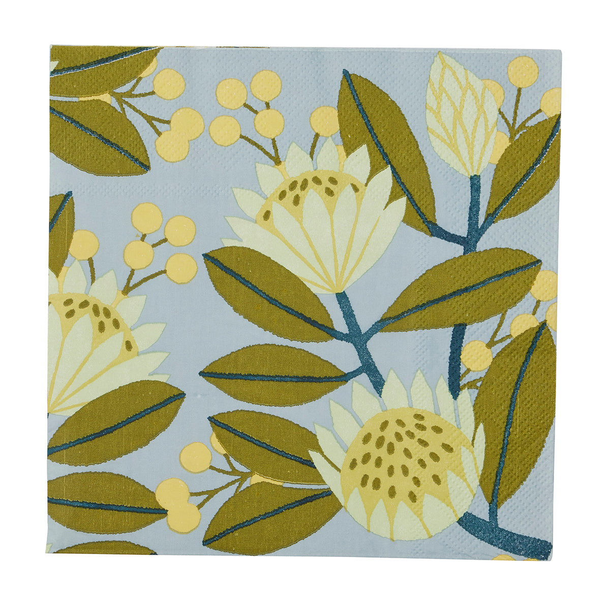 Floral patterned fabric swatch with green leaves and yellow flowers on a blue background