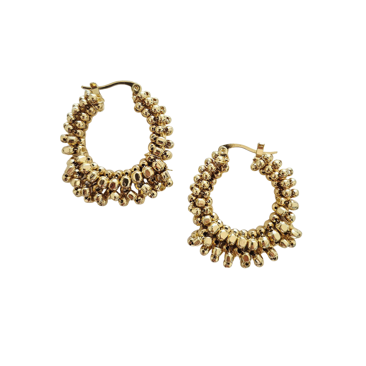 zoda gold beaded hoop earrings with clustered ball beads and hinged closure