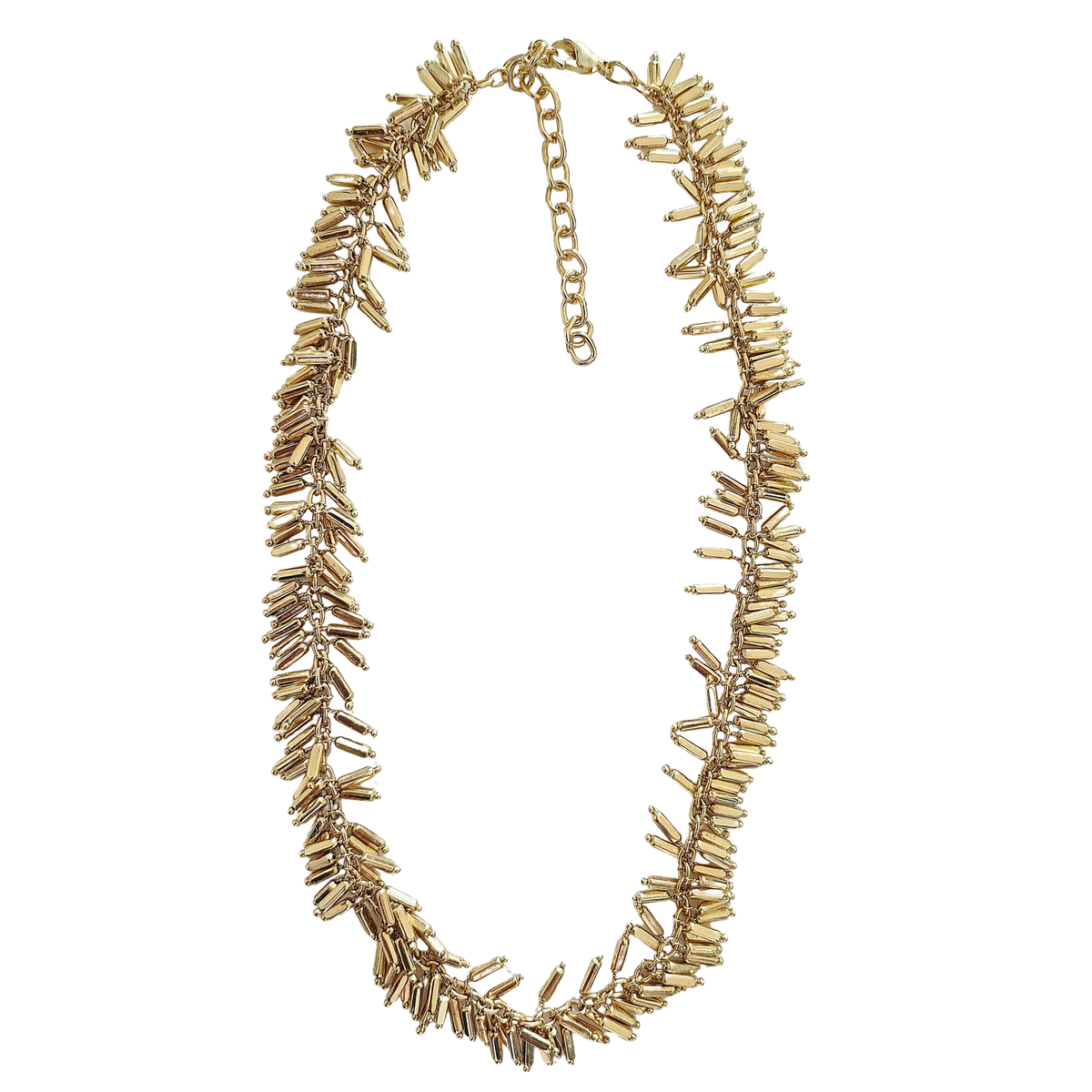 zoda gold spike beaded statement necklace with adjustable chain clasp on white background