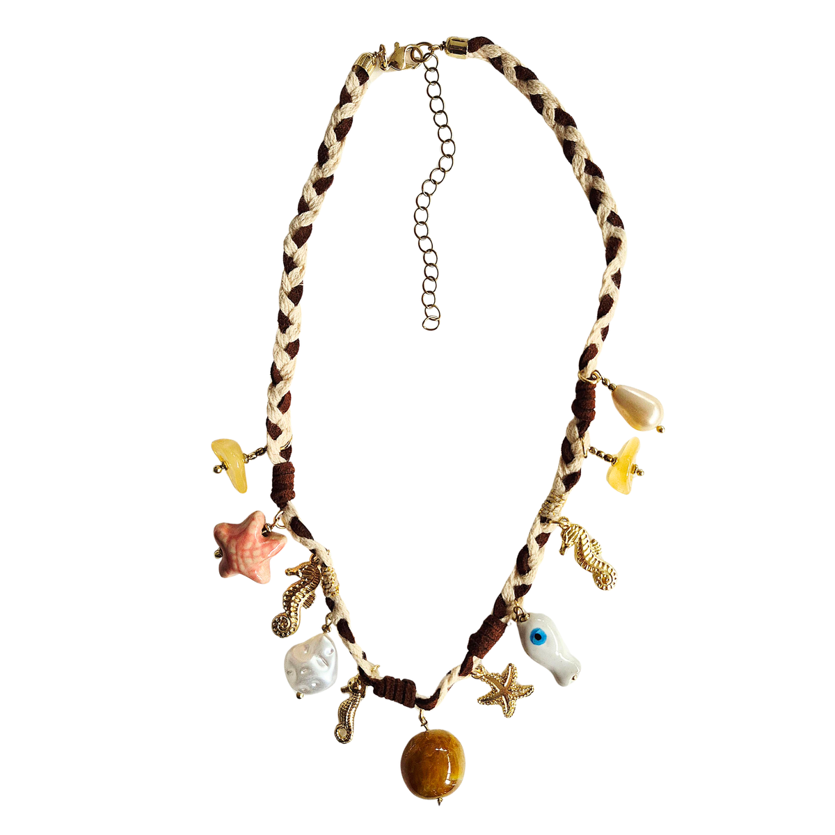zoda braided cord necklace with coastal charms including starfish, seahorses and pearl beads