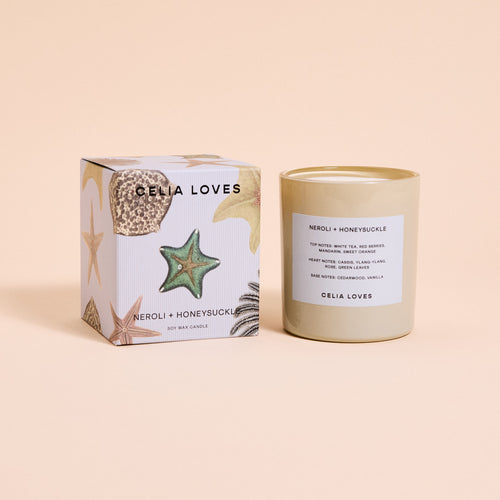 celia loves neroli and honeysuckle 395g soy candle in cream glass vessel with botanical illustrated gift box