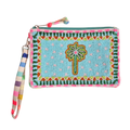 zoda beaded clutch bag in aqua with palm tree motif and striped wristlet strap
