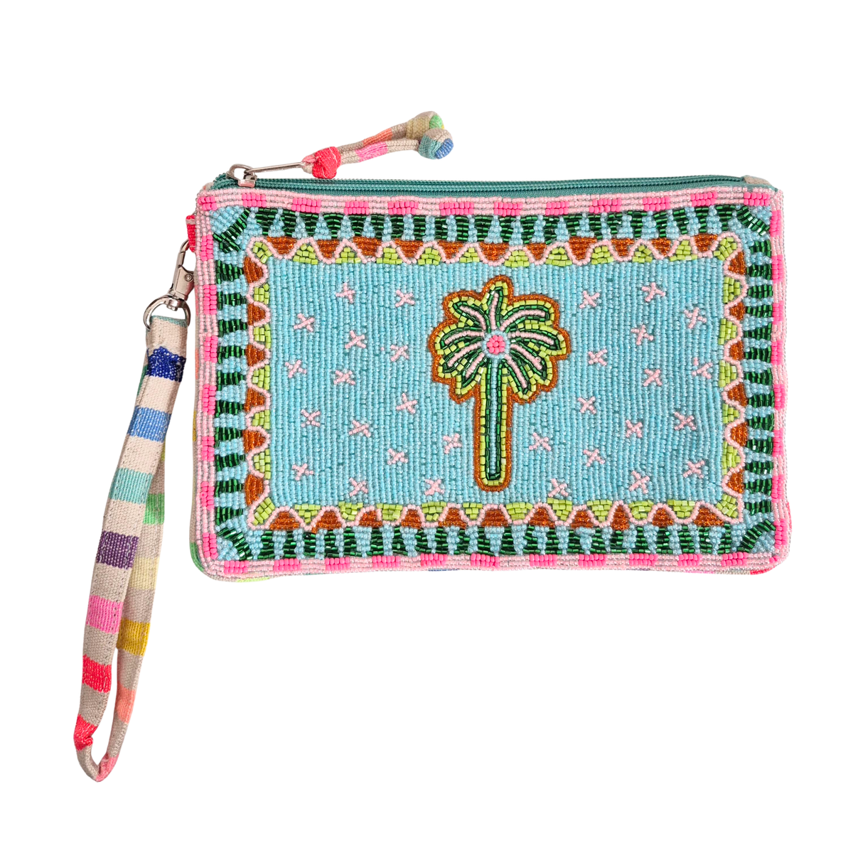 zoda beaded clutch bag in aqua with palm tree motif and striped wristlet strap