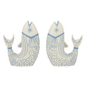 Two ceramic fish figurines with blue patterns on a white background