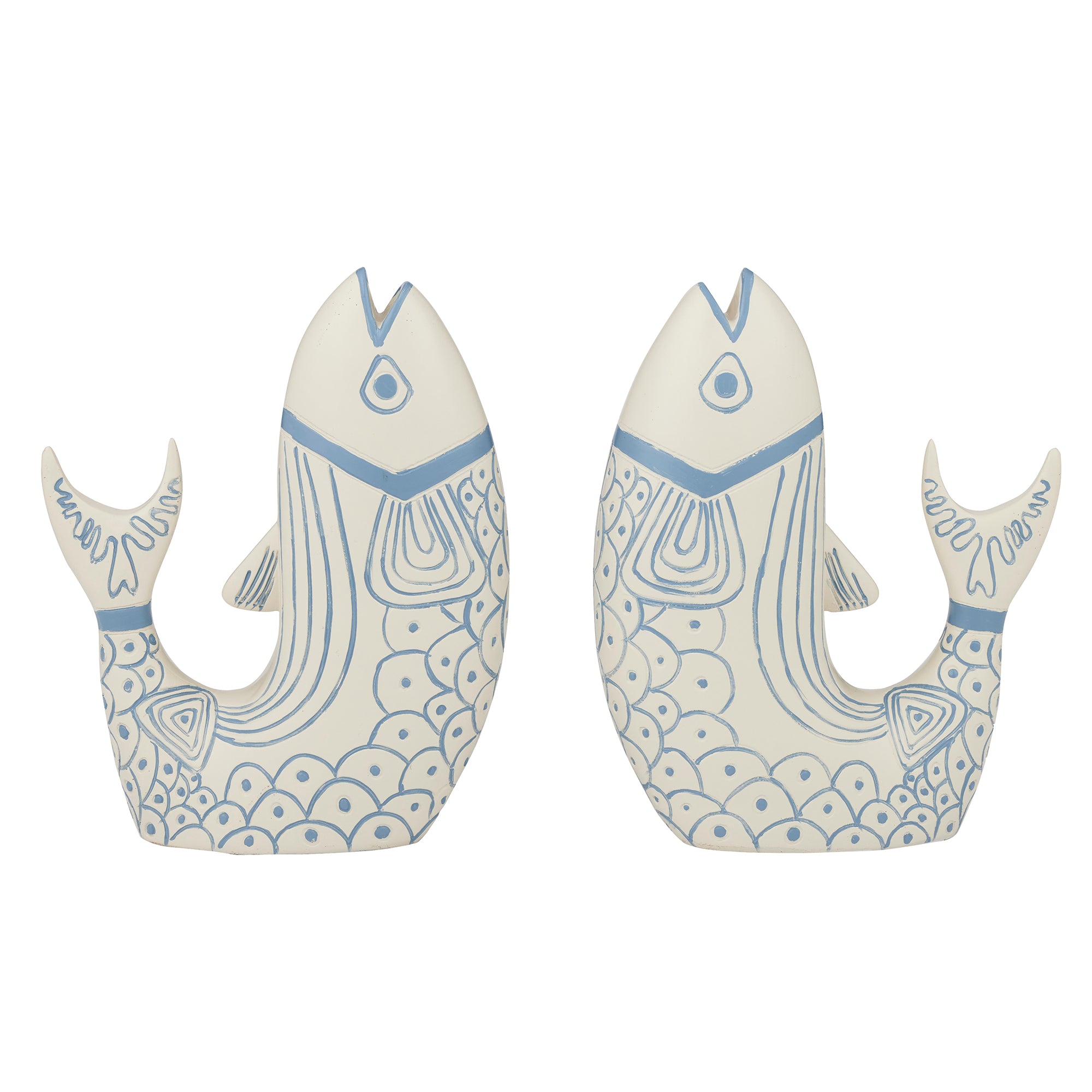 Two ceramic fish figurines with blue patterns on a white background