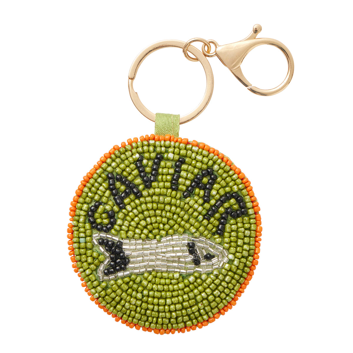Round beaded keychain with 'Caviar' text and fish design on a white background