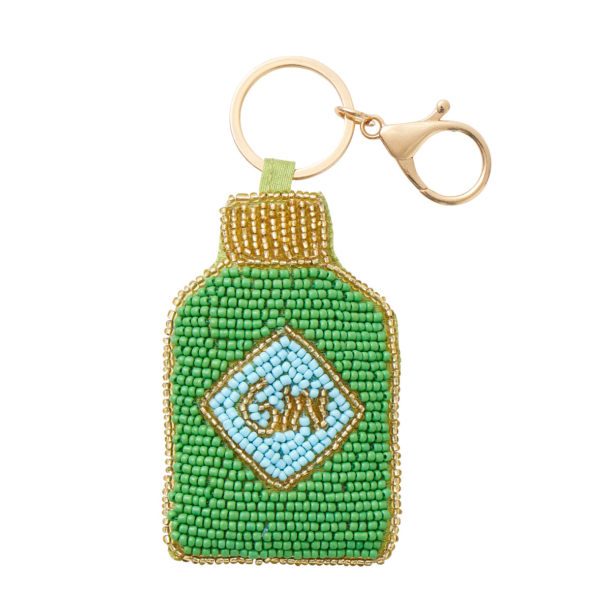 Green beaded bottle-shaped keychain with gold accents on a white background
