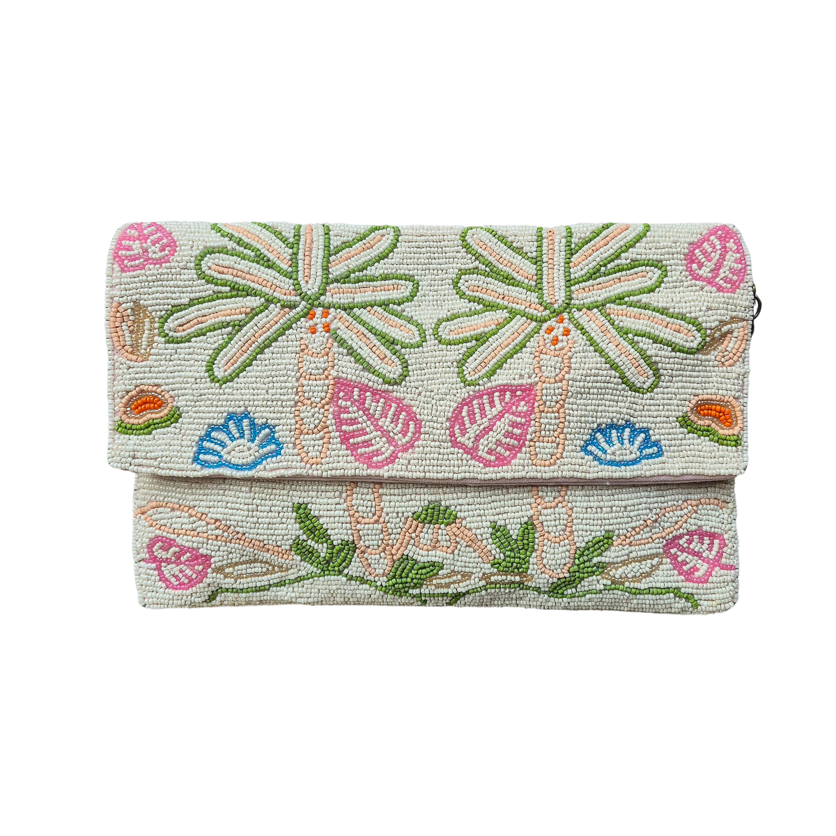 zoda white beaded clutch bag with tropical floral design in pink green and blue