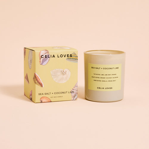 celia loves sea salt coconut lime frosted glass soy candle with botanical shell gift box