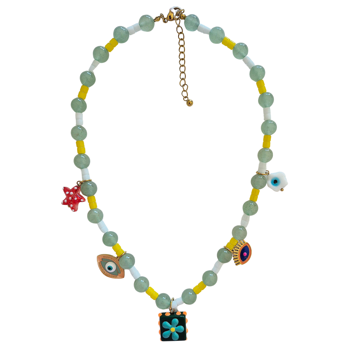 zoda beaded charm necklace with green beads yellow accents and colourful charms