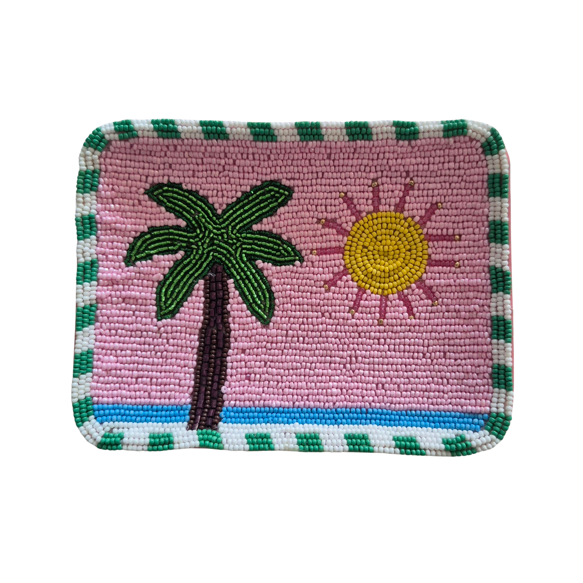 zoda beaded tray with palm tree and sun design in pink green and yellow