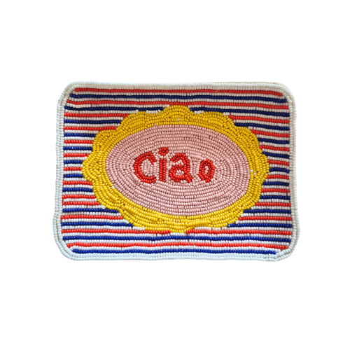 zoda beaded tray with colourful striped pattern and ciao motif in red yellow and pink