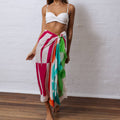 zoda colourful striped sarong scarf worn as beach wrap skirt by model