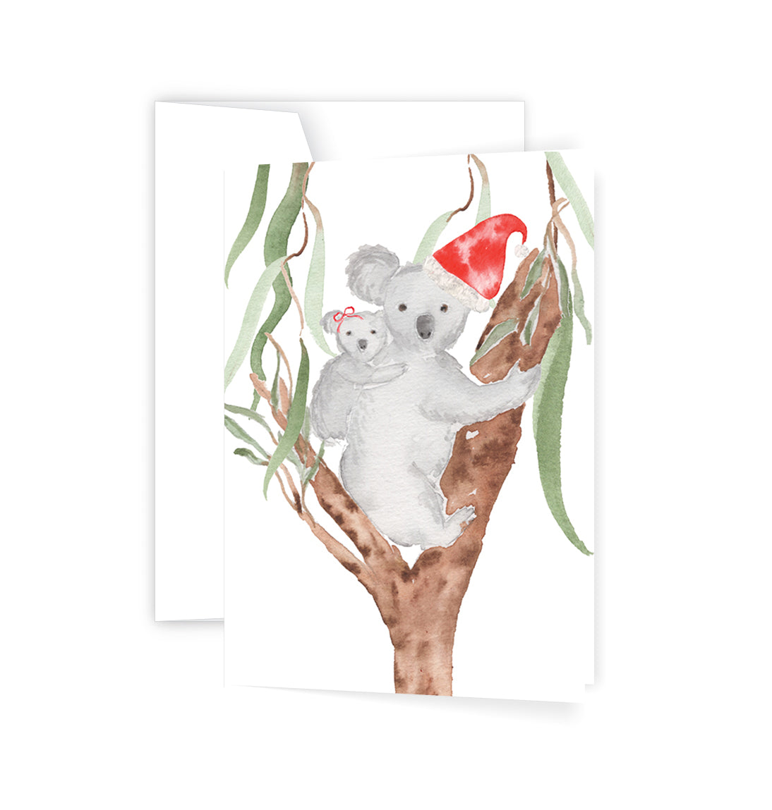 ellen walsh designs christmas koalas watercolour greeting card with mother and baby koala in eucalyptus tree