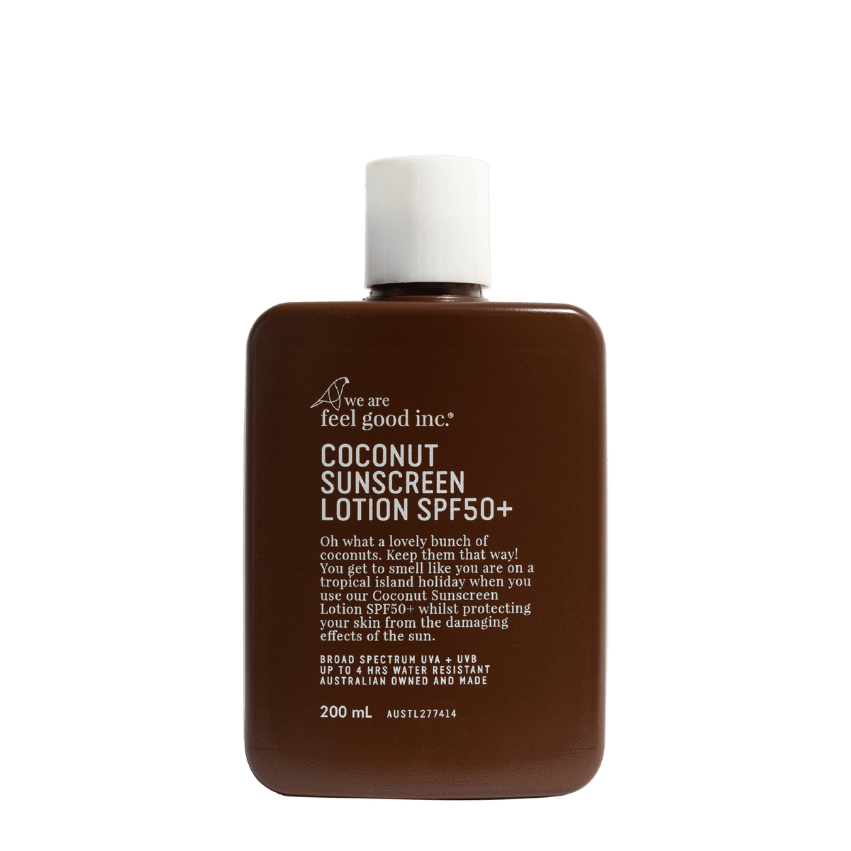 we are feel good inc coconut sunscreen lotion spf50+ brown 200ml bottle with white cap