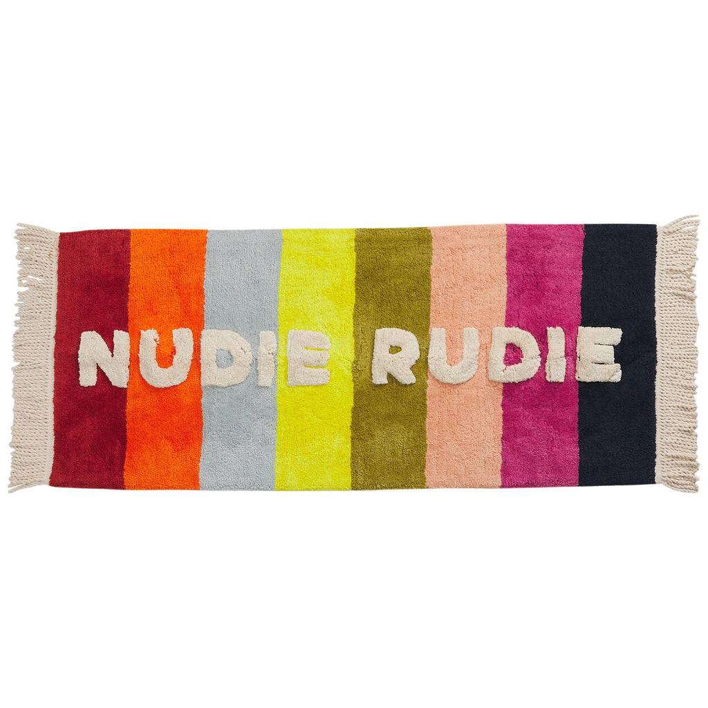 sage x clare martina nudie rudie bath runner multicolour stripe with cream fringing on white background