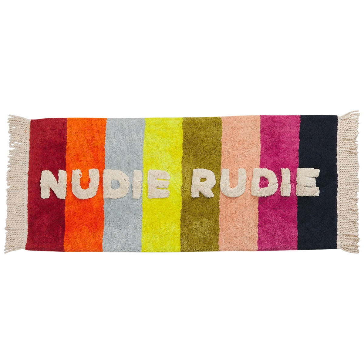 sage x clare martina nudie rudie bath runner multicolour stripe with cream fringing on white background