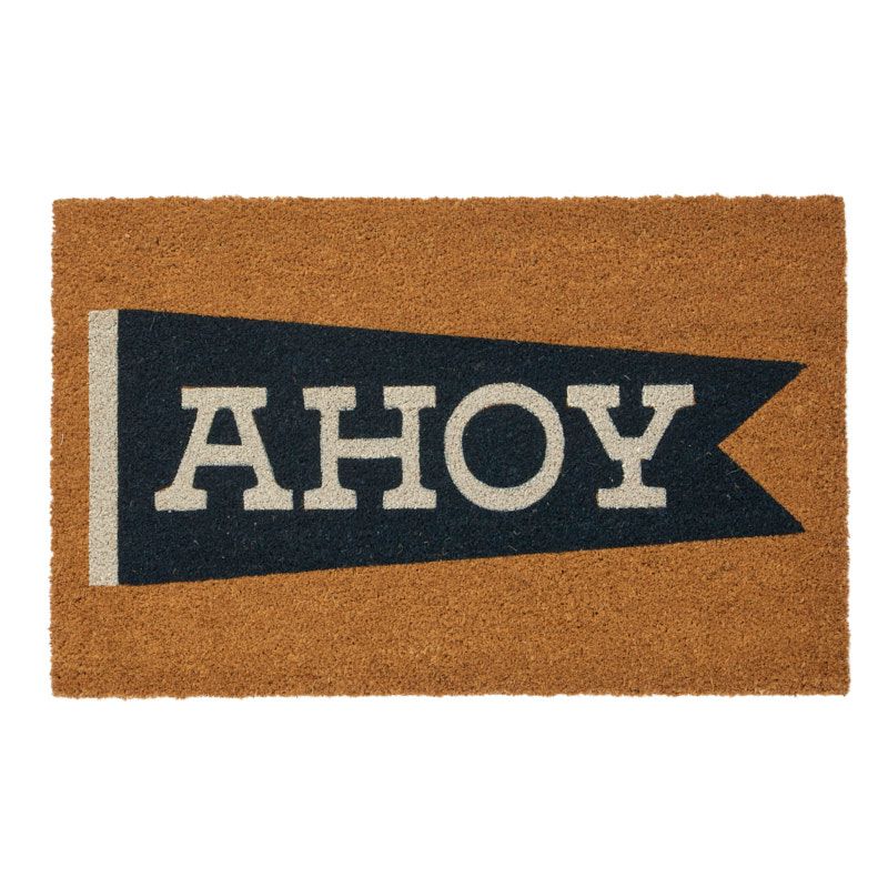 ahoy natural coir door mat with navy pennant flag and cream lettering 50x80cm