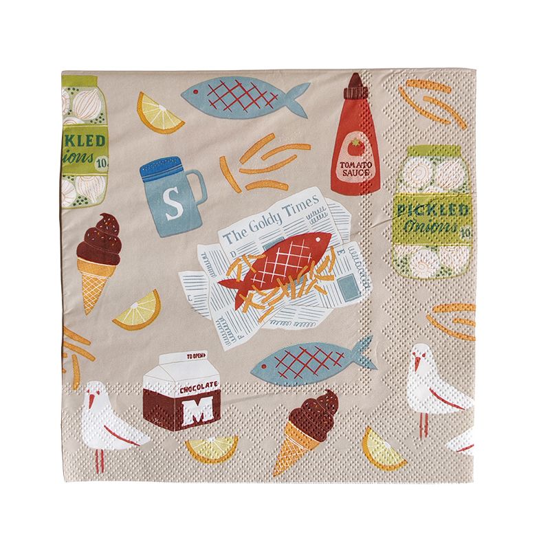 fish and chips illustrated paper napkins with seagulls, fish, chips and tomato sauce print