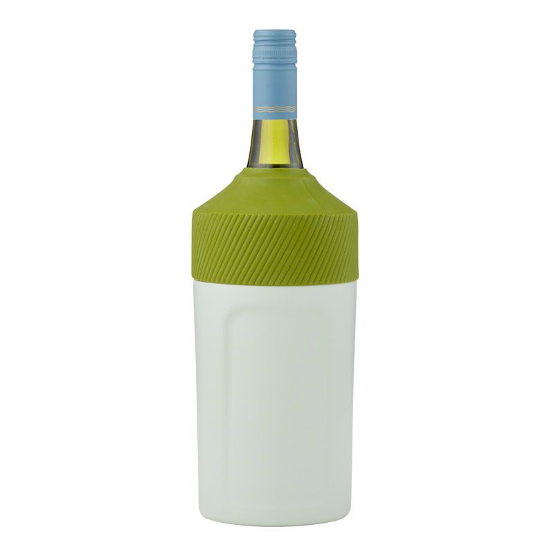andy double-wall wine cooler white body with olive green ribbed top holding a wine bottle