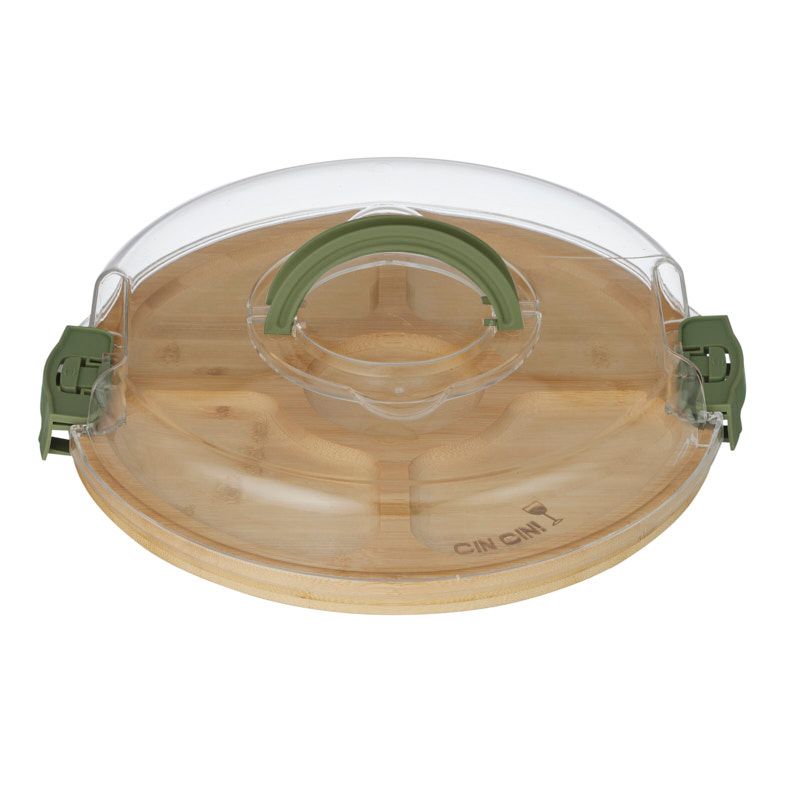 porta round bamboo party board with clear acrylic lid and green handle, lid shown lifted off divided tray