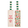 cotton bottle bag with christmas print and striped handle, front and back