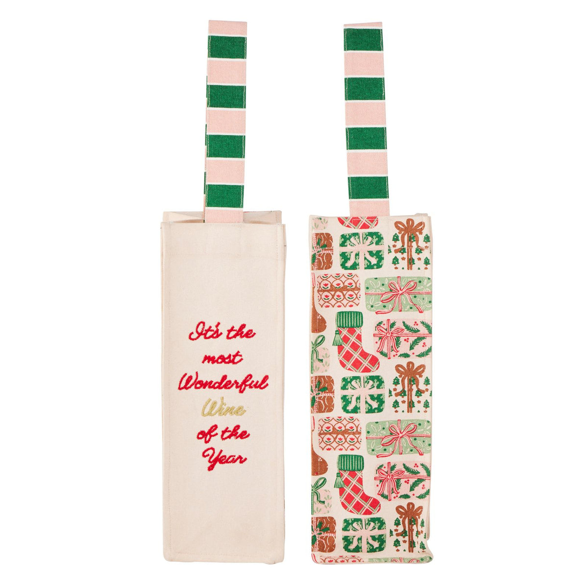 cotton bottle bag with christmas print and striped handle, front and back
