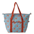 shack insulated beach cooler tote bag in light blue with orange prawn print and rust handles