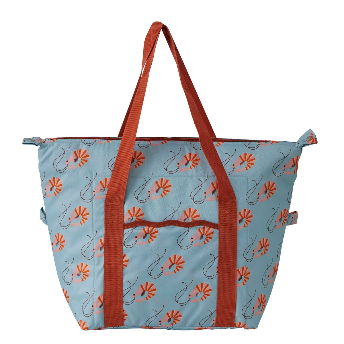 shack insulated beach cooler tote bag in light blue with orange prawn print and rust handles