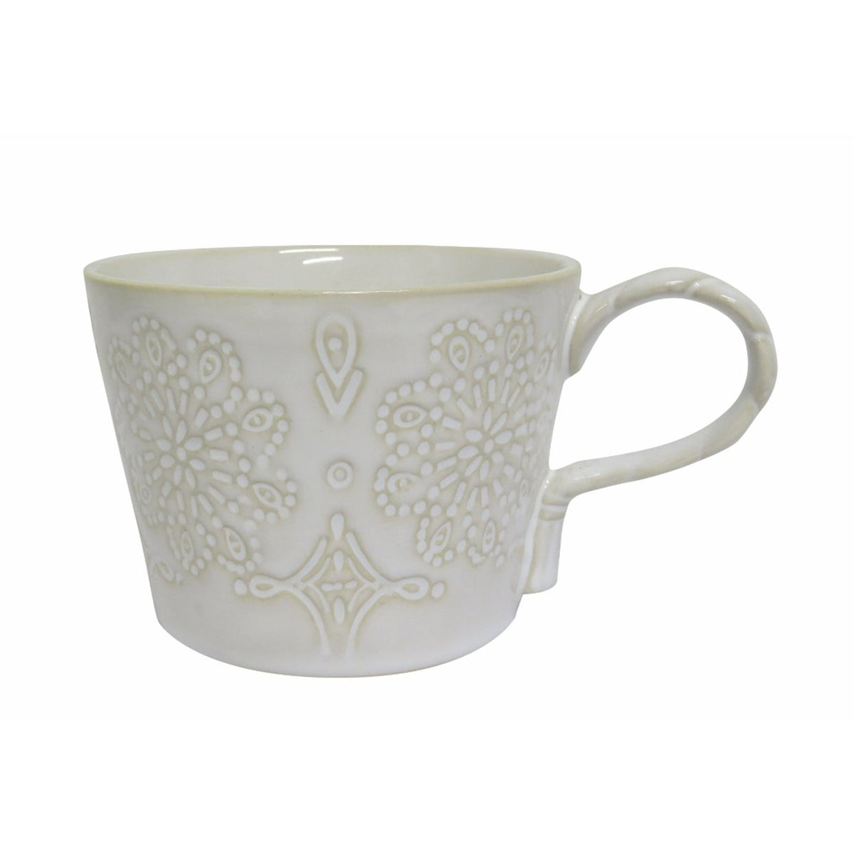 CC Interiors Frette Cup, white ceramic with embossed fret pattern and short handle