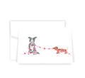 ellen walsh designs love pups watercolour card with border collie and dachshund connected by pink heart garland