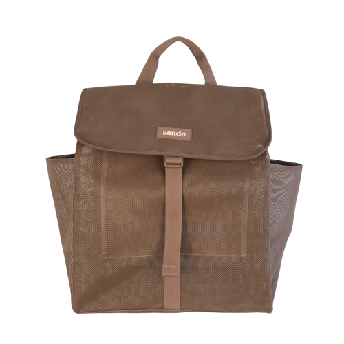 sande brown mesh drawstring beach backpack with a flap top – view 2