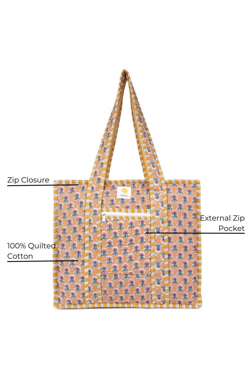 Cotton Tote Bag With Zip - Beige Floral