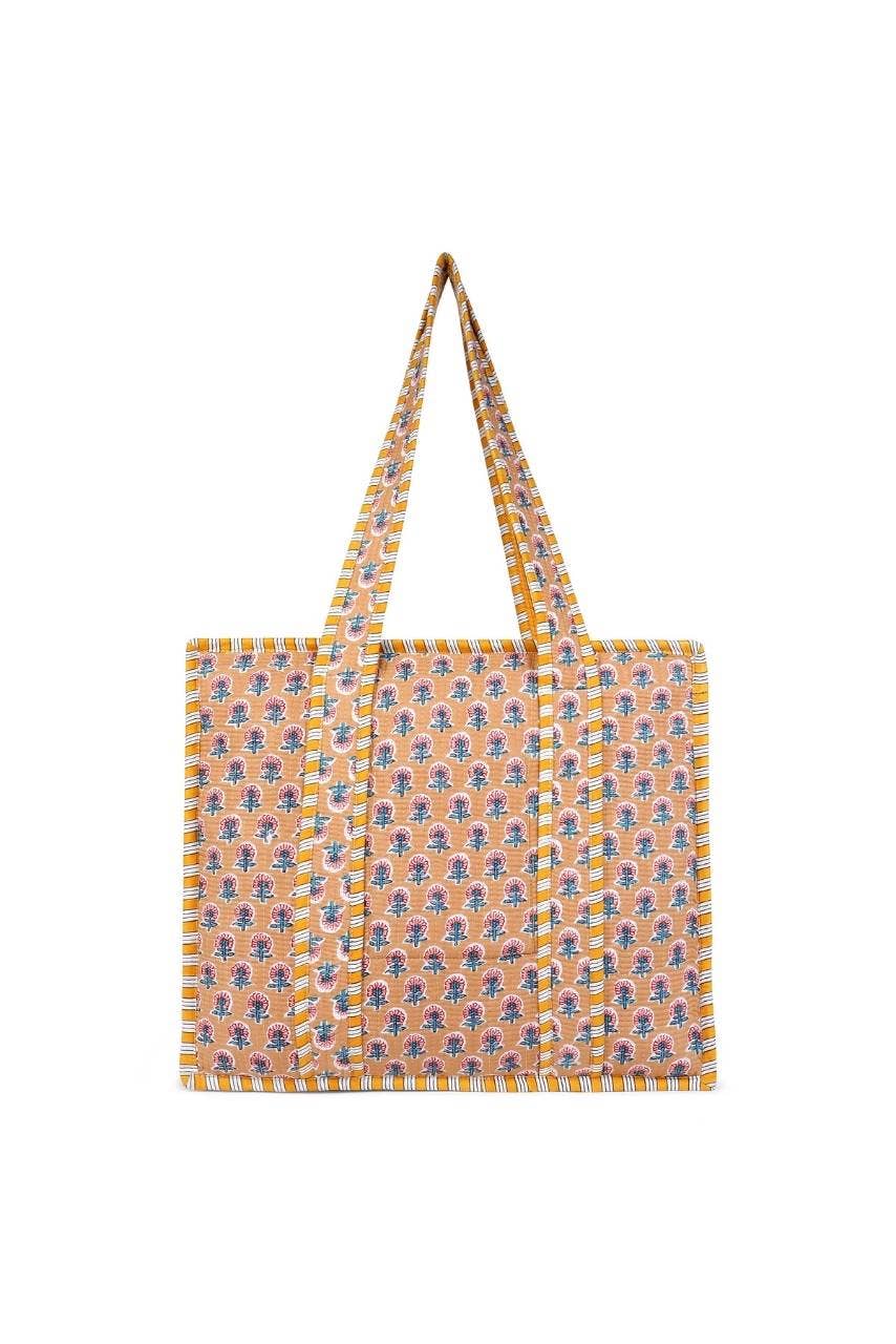 Cotton Tote Bag With Zip - Beige Floral