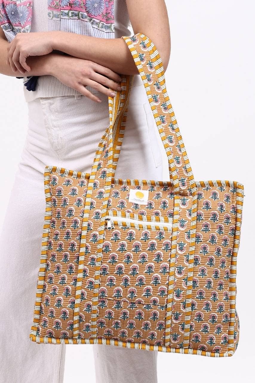 Cotton Tote Bag With Zip - Beige Floral
