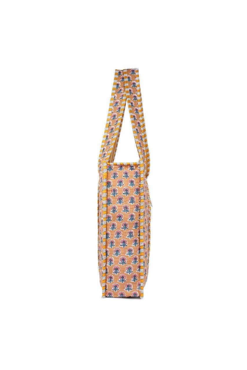 Cotton Tote Bag With Zip - Beige Floral