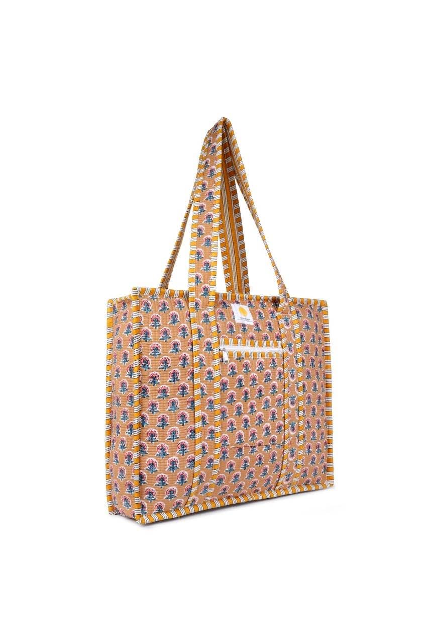 Cotton Tote Bag With Zip - Beige Floral