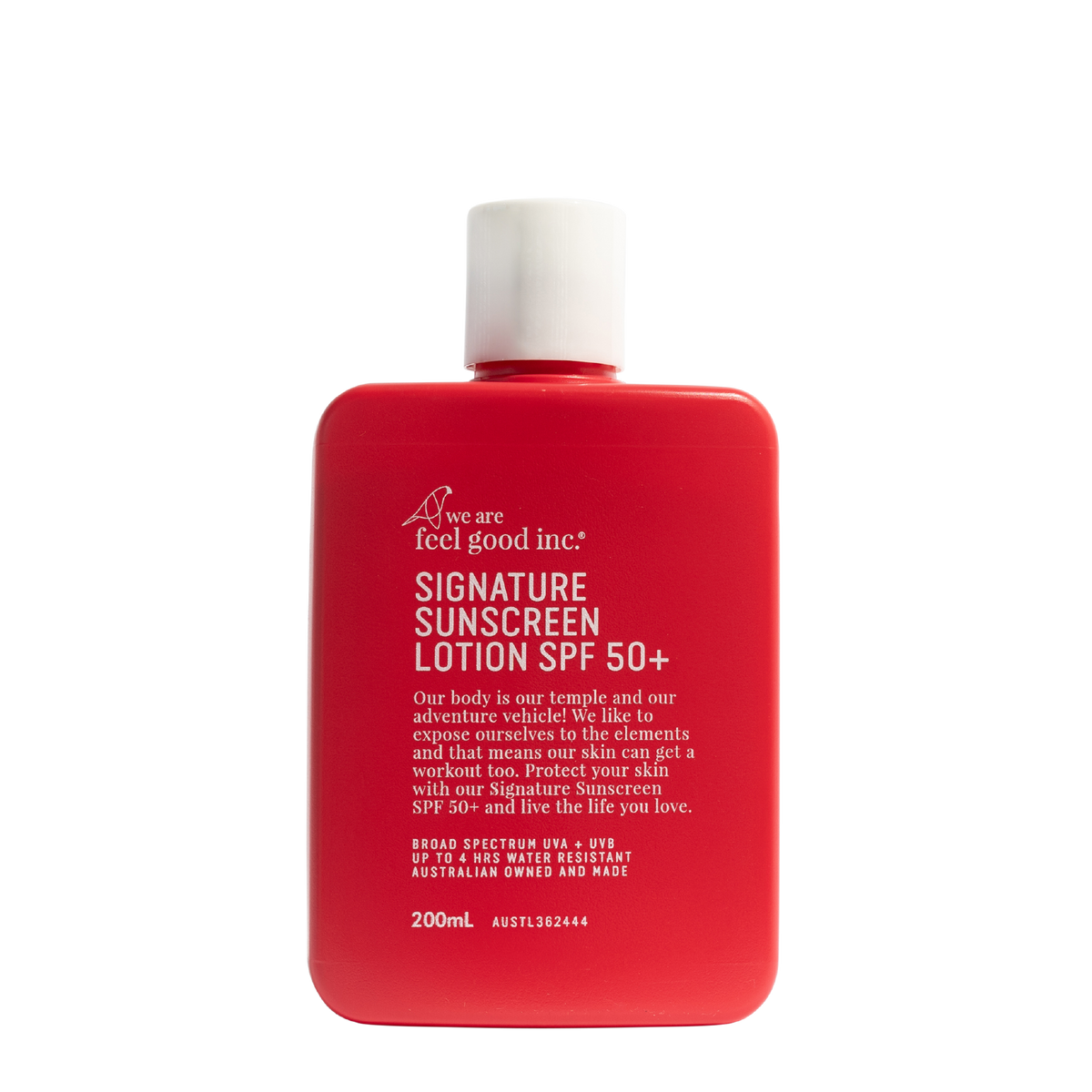 we are feel good inc signature sunscreen lotion spf50+ red bottle 200ml white cap
